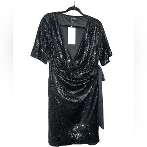 BloomChic Sequin Mini Dress Black V-Neck Adjustable Belted Waist